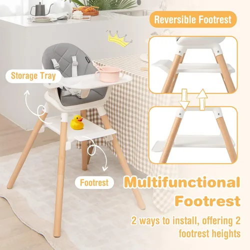 Miniatura 4 de BABY JOY Silla alta para bebé, silla alta convertible 6 en 1 de madera para bebés y niños pequeños con patas ajustables, doble bandeja extraíble