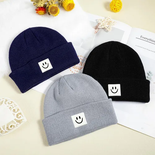 Miniatura 4 de Gorro de punto con cara sonriente para bebé, 3 unidades, para niños pequeños, gorro de invierno suave bordado con cara sonriente