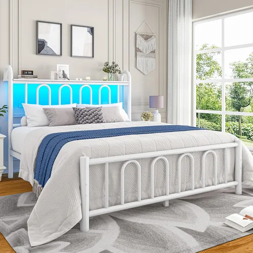 Miniatura 9 de Homkdom Base de cama tamaño King con cabecera de almacenamiento, marco de cama de metal clásico con luces LED y almacenamiento debajo de la cama