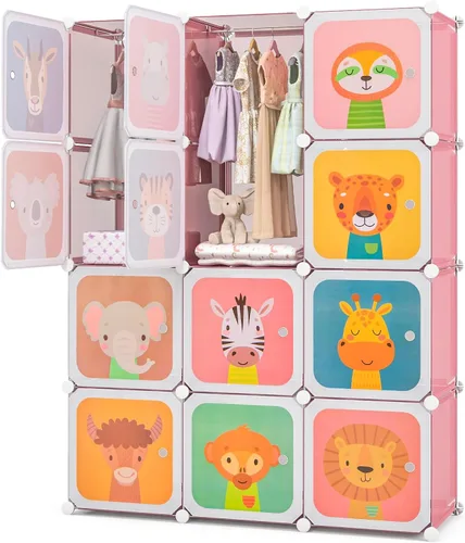 Miniatura 12 de Costzon Armario para Niños, Organizador de Almacenamiento Modular de Tocador de Dibujos Animados DIY con 12 Cubos y 2 Percheros para Colgar Ropa
