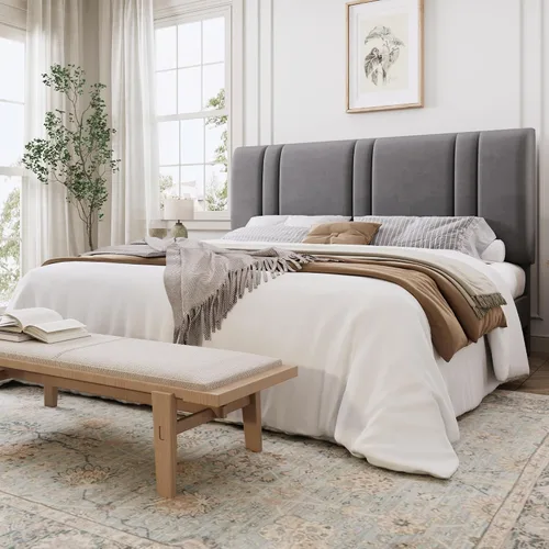 Miniatura 21 de SHA CERLIN Base de cama de plataforma de tamaño completo, cama tapizada de terciopelo con cabecera ajustable, diseño capitoné de canal vertical