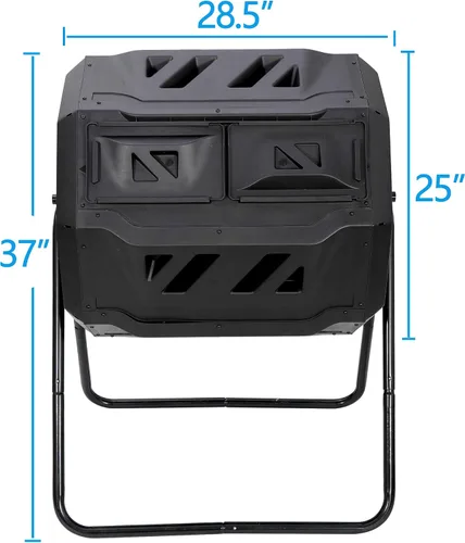 Miniatura 5 de Contenedor de compostaje para exteriores con doble cámara, giratorio de 43 galones, con puertas correderas y marco de acero, sin BPA, para jardín