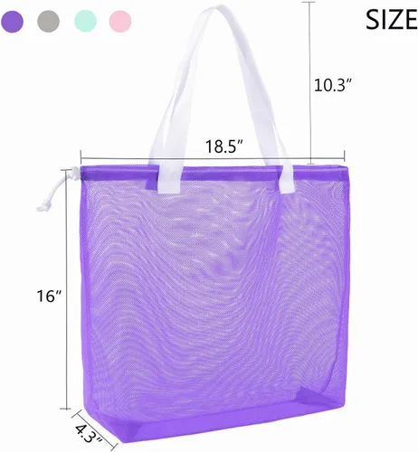 Miniatura 4 de Paquete de 4 bolsas reutilizables de malla colorida para la playa, bolsa de compras de malla con cordón para viajes, juguetes, regalo o lavandería