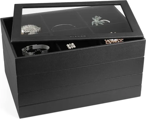 Miniatura 8 de Vlando Bandeja de joyería, caja organizadora de joyas apilable para cajón, aparador de armario, collar, aretes, anillos, pulseras para mujeres