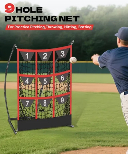 Miniatura 7 de Queension Red de lanzamiento objetivo de 9 agujeros con zona de golpeo Red de bateo de béisbol con bolsillos objetivo, red de lanzamiento con Negro