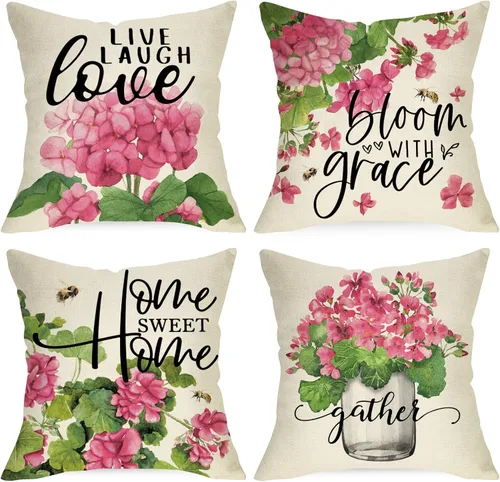 Juego de 4 fundas de almohada decorativas de flores de geranio rosa de 16 x 16 pulgadas, decoración de fundas de cojín de tarro de masón floral para