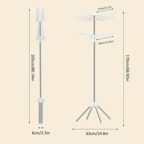 Miniatura 7 de SUYU Tendedero de ropa plegable, árbol de secado de ropa plegable, 2 niveles con 24 pinzas y 3 brazos giratorios, tendedero de ropa interior de 66.9