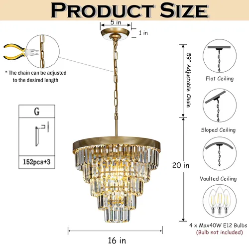 Miniatura 3 de ALOADECOR Candelabro de cristal de 5 niveles con forma de cono glamoroso de 4 luces, de 16 pulgadas, color dorado suave, ajustable, contemporáneo
