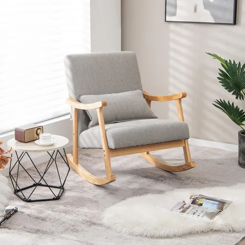 Miniatura 2 de Giantex Mecedora tapizada – Moderna mecedora con marco de madera de goma, cómodo respaldo y asiento, almohada acolchada de polipropileno, mecedora
