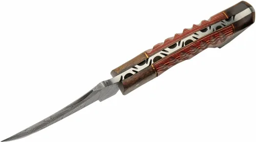 Miniatura 3 de SANZ - Cuchillo de caza de rinoceronte de Damasco de 8 pulgadas, cuchillo de campamento rojo con mango de madera, hoja de espiga completa y funda