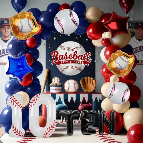 Miniatura 5 de Juego de globos de béisbol de 40 pulgadas, decoraciones de fiesta de cumpleaños número 10 para niños, globo de béisbol número 10 para suministros
