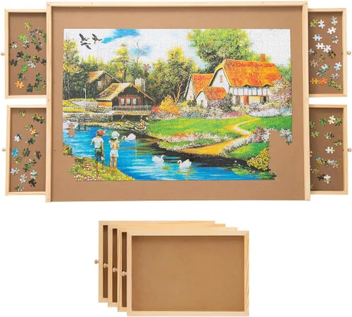 SNAIL Tablero de rompecabezas de madera jumbo portátil con cajones de almacenamiento para adultos, mesa de rompecabezas grande de 34 x 26 pulgadas