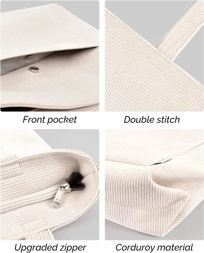 Miniatura 6 de Prite Bolsa de pana para mujer, bolsa de hombro grande con cremallera y bolsillos para la universidad, escuela, trabajo, viajes, compras