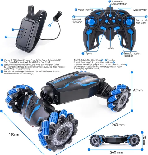 Miniatura 7 de 4WD Coche de Control Remoto con Sensor de Gesto, Giro de 360° de Doble Cara, con Luces y Música, Coche RC de Acrobacias con Giros para Niños de 6 a
