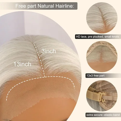 Miniatura 7 de Lovestory Peluca de encaje frontal larga y recta color blanco platino, predepilada, rubio platino, pelucas de encaje frontal sintético para mujeres