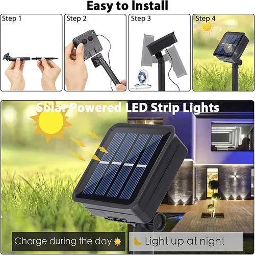 Miniatura 2 de Tira de luces LED solares para exteriores, impermeable, 10 pies, cinta cortable, iluminación de 3000 K, blanco cálido con 8 modos para valla