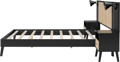 Miniatura 6 de Harper & Bright Designs Cama de plataforma tamaño Queen con 2 mesitas de noche y 2 lámparas, cama Queen de madera con cabecero, combinación de ratán