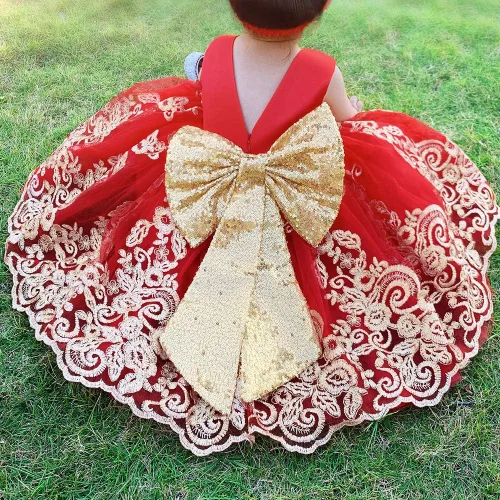 Miniatura 7 de 0-6T - Vestido de tutú de encaje bordado con lentejuelas y lazo grande para fiestas de bebé y niñas pequeñas con tocado