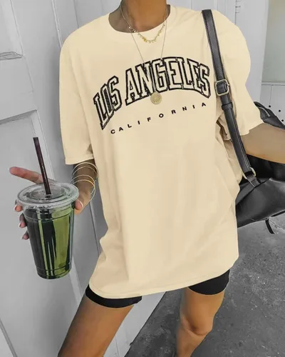 Miniatura 2 de Dressmine Camisetas de gran tamaño para mujer, de Los Ángeles, California, cuello redondo, media manga, camisetas gráficas casuales