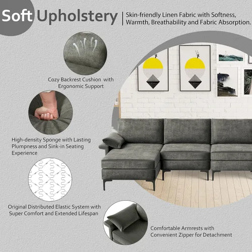 Miniatura 4 de KOMFOTT Sofá modular convertible extragrande de 130.5 pulgadas, sofá modular de 4 asientos en forma de L con diván reversible, salidas de 3 agujeros