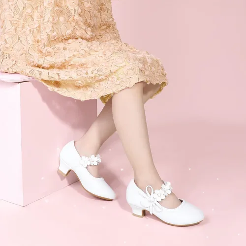 Miniatura 4 de PANDANINJIA Zapatos de vestir para niñas, zapatos de tacón Mary Jane con flores, fiesta de boda, regreso a la escuela, zapatos de tacón para niños