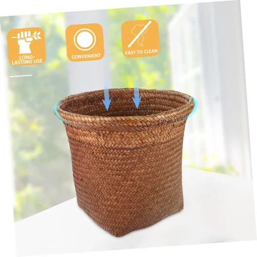 Miniatura 3 de Papelera tejida con paja para baño, bordes lisos, diseño de paja natural, fácil de limpiar