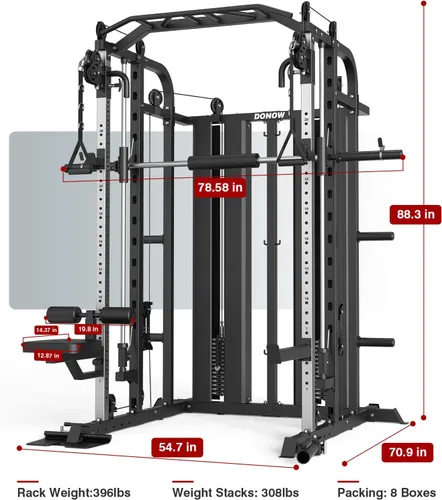 Miniatura 6 de DONOW Smith - Máquina con pilas de pesas, sistema de gimnasio en casa multifunción, jaula de potencia, estante para sentadillas, máquina cruzada