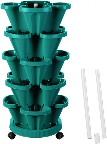 Miniatura 30 de Macetas verticales de fresa, paquete de 2 unidades, torre apilable de 5 niveles con poste de soporte, macetas apilables para hierbas y verduras