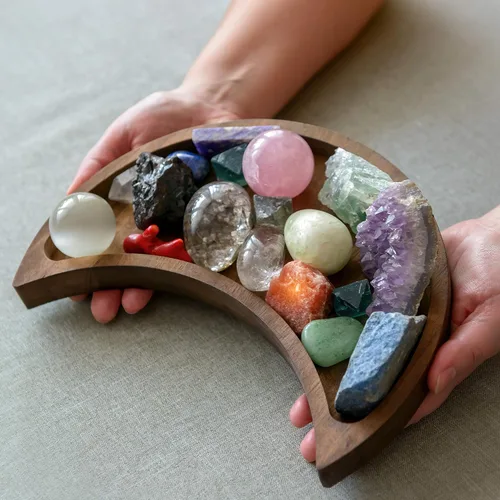 Miniatura 3 de Bandeja de luna creciente – Muestra tus gemas, piedras curativas y tesoros – Bandeja de exhibición de cristal de madera de 10 x 5 pulgadas, soporte
