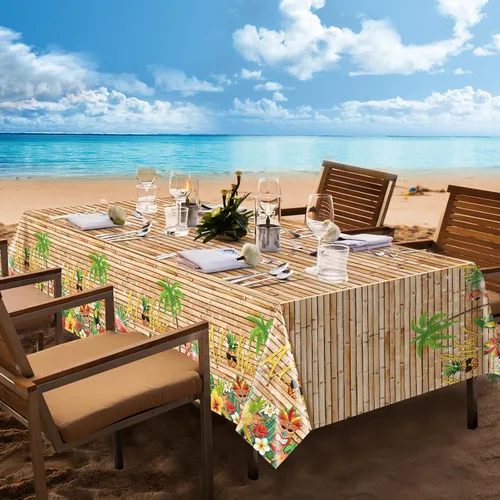 Miniatura 6 de Mantel hawaiano Luau de 3 piezas, mantel para fiesta de Tiki tropical, mantel rectangular desechable de plástico para Tiki Bar Tropical, verano