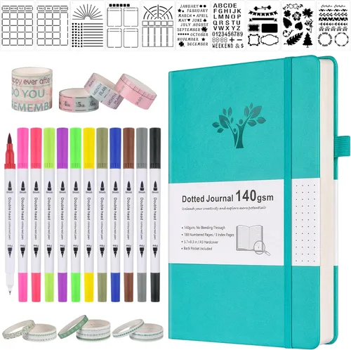 Miniatura 7 de Kit de diario de puntos con viñetas de 4.94 oz/m², juego de diario A5 de cuadrícula de puntos con 188 páginas, 10 plantillas, 14 cintas Washi, 12