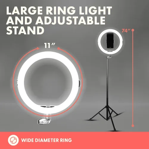 Miniatura 5 de Squatz - Anillo de luz para selfie de 11 pulgadas con soporte de trípode de 61 pulgadas, anillo de luz LED con soporte para teléfono, control USB