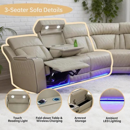 Miniatura 3 de Juego de sofá reclinable eléctrico, juegos de muebles de sala de estar, juego de sofá modular de cuero con luces LED, portavasos, consola