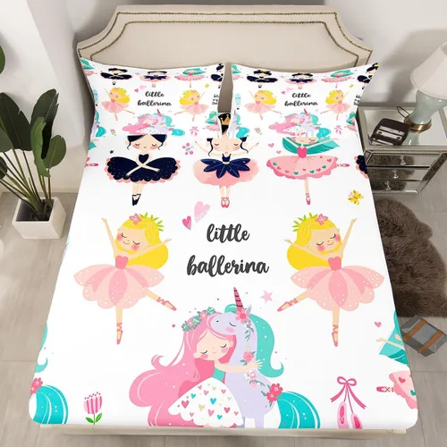 Miniatura 10 de Juego de ropa de cama Kawaii tamaño individual, sábana bajera ajustable de dibujos animados para niños y niñas, juego de ropa de cama de ballet