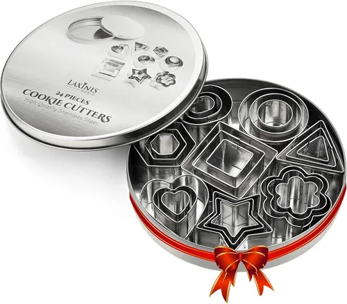 Juego de 24 mini cortadores de galletas – Corazón, estrella, flor, formas geométricas, varios tamaños – Mini cortadores de galletas de acero