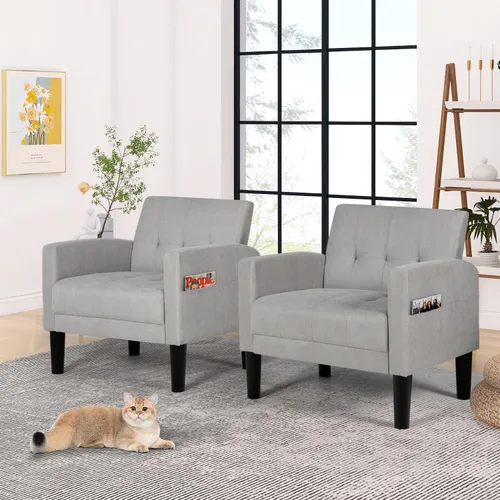 Miniatura 4 de AILEEKISS Juego de 2 sillas decorativas para sala de estar, sillón tapizado cómodo, sofá individual de tela moderna con bolsillos laterales, sillas
