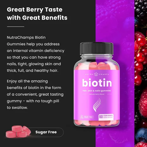 Miniatura 5 de NutraChamps Gomitas de biotina sin azúcar de 10000 mcg [alta potencia] – Cabello saludable, piel y uñas para mujeres, hombres y niños – 5000 mcg