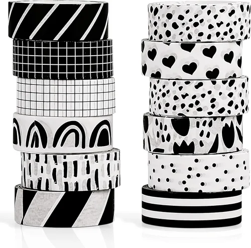 Outus Juego de 12 rollos de cinta washi de papel blanco y negro fino, 0.591 in de ancho, 23.0 ft de largo, cinta adhesiva adhesiva para
