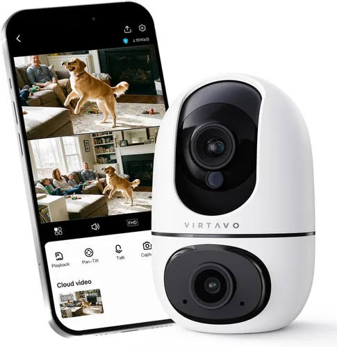 virtavo Cámara WiFi de Seguridad XD1 para Interiores, No Requiere Suscripción, Monitor de Bebé y Cámara para Mascotas PTZ de Lente Dual 360°,