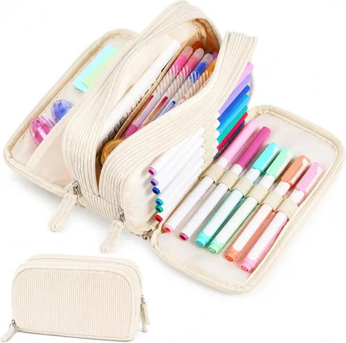 Sooez Estuche de Lápices de Gran Capacidad con Funda para Bolígrafos, Bolsa de Lápiz de Corduroy Suave con 3 Compartimentos, Múltiples Bolsillos,