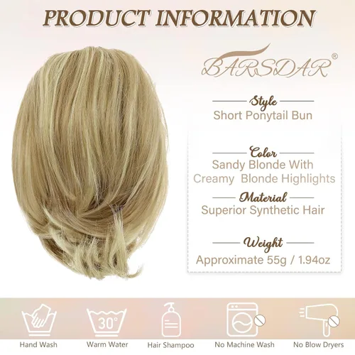 Miniatura 3 de BARSDAR Extensiones de Moño para Cabello Liso, Extensiones de Moño de Cola de Caballo Corta Cabello Rubio para Mujeres, Piezas de Cabello de Moño