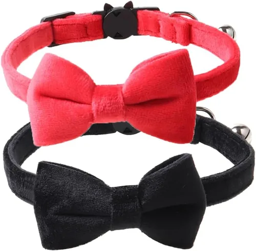 Miniatura 16 de Love Dream Collar de gato con pajarita y campanas, paquete de 2 collares de terciopelo de seguridad para gatitos con pajarita extraíble para gatos