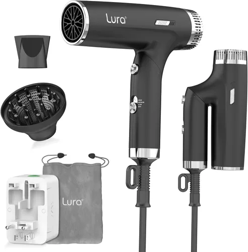 LURA Secador de pelo automático de doble voltaje para viajes internacionales, secador de pelo de viaje con difusor, pequeño secador portátil para