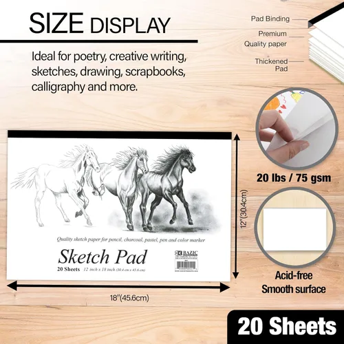 BAZIC Products Bloc de bocetos, 20 hojas, 12 x 18 pulgadas, papel de dibujo