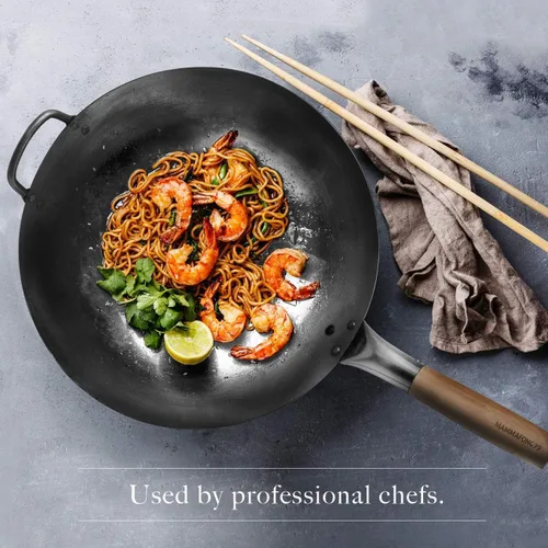 Miniatura 4 de Wok de fondo redondo con tapa, juego de wok martillado a mano, wok y wok de acero al carbono de 14