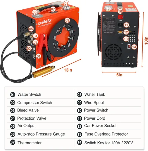 Miniatura 7 de Compresor de aire PCP, máximo 5800 PSI / 40 MPa, bomba portátil de alta presión de 350 W, refrigeración por agua y aire, doble indicador de parada