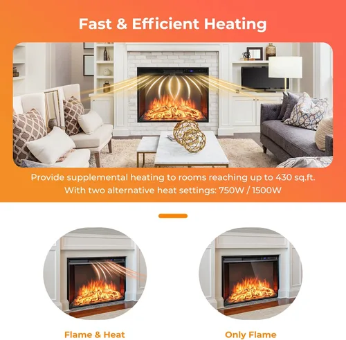 Miniatura 3 de GOFLAME Inserto de chimenea eléctrica de 26 pulgadas, calentador de chimenea empotrado de pared con termostato, 3 colores de llama, 6 brillo