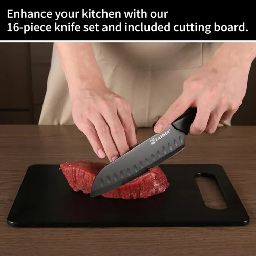 Miniatura 6 de Juego de 16 cuchillos de cocina con tabla de cortar, juego de cuchillos de acero inoxidable alemán con afilador, apto para lavavajillas, mango