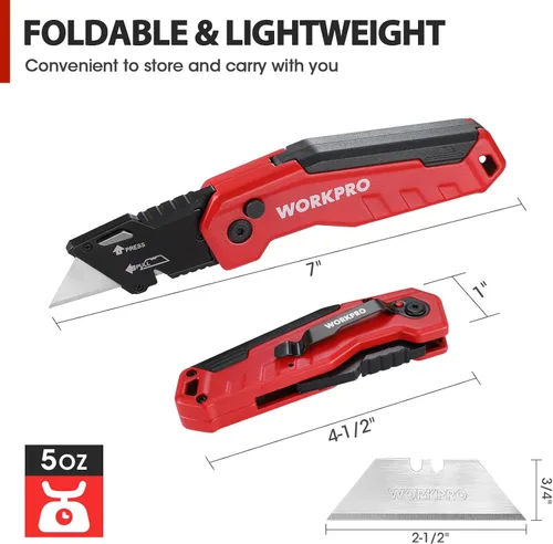 Miniatura 3 de WORKPRO Cuchillo utilitario plegable, cambio rápido de cuchillas, cuchillo de afeitar para cartones, cartón, cajas, almacenamiento de cuchillas