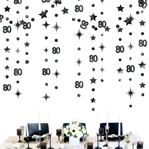 Decoraciones negras de cumpleaños número 80, guirnalda de estrellas centelleantes con número 80, telón de fondo metálico para mujeres, hombres,